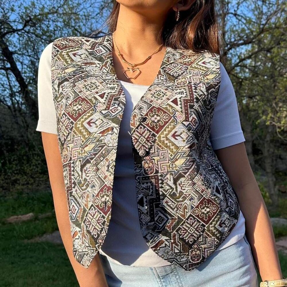 Vintage Tapestry Vest - Southwest‎ Aztec Pattern - Blue/Multicolor - Size S